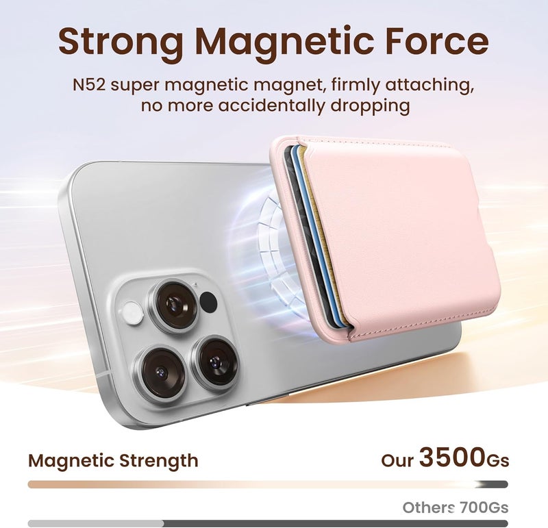SOUNDBYTE Stronger Magnetic Wallet for iPhone 17/16/15/14/13/12 Series & for MagSafe Cases | N52 Magnet RFID Blocking Leather Magnetic Card Holder with Powerful Magnets | Holds 3 Cards | Pink - Image 2